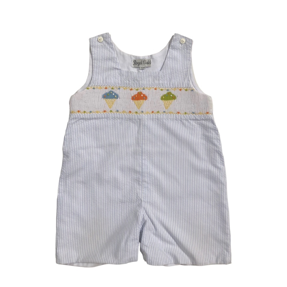 Royal Child Blue Stripe Smocked Shortall JonJon with Ice Cream Cones Boy's 12M